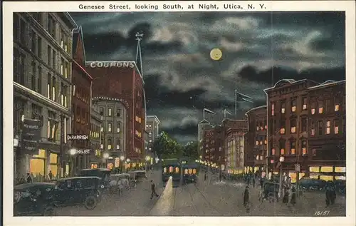 Utica New York Genesee Street at Night Moon Autos Strassenbahn Kat. Utica