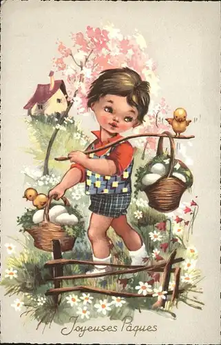 Ostern Easter Paques Kind Junge Kueken Korb  / Greetings /