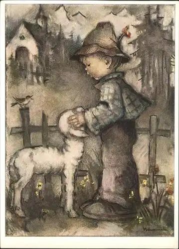 Hummel Nr. Kind Junge Schaf Nr. 5680 / Kuenstlerkarte /