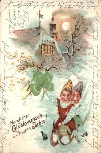 Neujahr Kinder Schlitten Kleeblatt Praegedruck / Greetings /