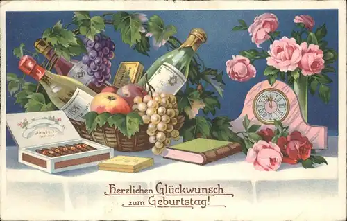 Geburtstag Uhr Wein Zigarren Buch Trauben Kat. Greetings