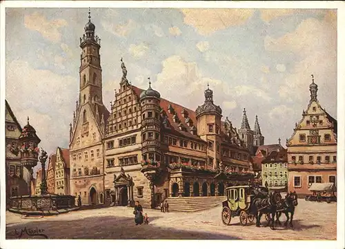 Kuenstlerkarte Ludwig Moessler Rothenburg Rathaus Postkutsche Kat. Kuenstler