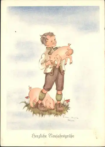 Neujahr Schweine Kind Junge Kuenstler L. M. Blum / Greetings /