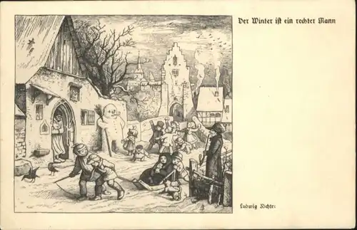 Kuenstlerkarte Ludwig Richter Winter Schlitten Kinder / Kuenstlerkarte /