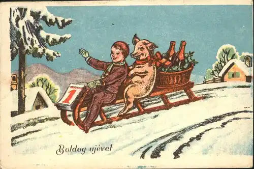 Neujahr Schlitten Kind Schwein  / Greetings /