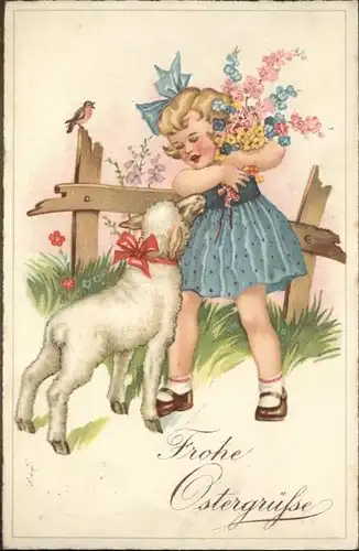 Ostern Easter Paques Schaf Blumen Kind Maedchen Vogel / Greetings /