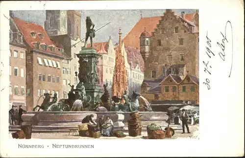 Kley Nuernberg Neptunbrunnen  / Kuenstlerlitho /