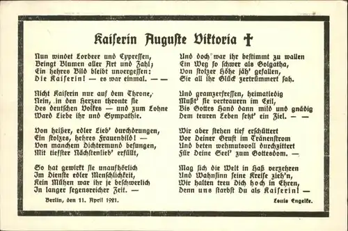 Adel Preussen Kaiserin Auguste Viktoria Gedicht Louis E. / Koenigshaeuser /