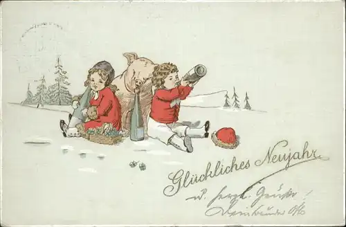 Neujahr Gluecksschwein Sekt Kinder / Greetings /