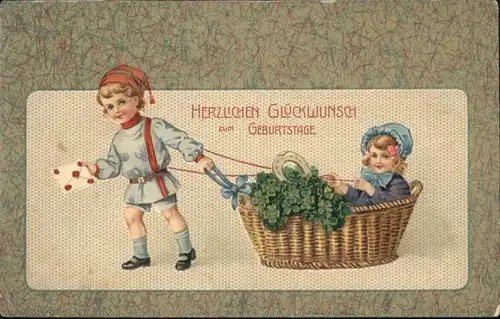 Geburtstag Hufeisen Kinder Korb Kleeblaetter / Greetings /