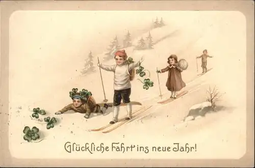 Neujahr Skifahrer Kleeblaetter / Greetings /