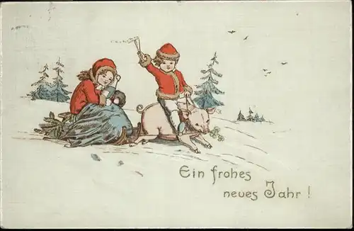 Neujahr Schwein Kinder Sekt Schlitten / Greetings /