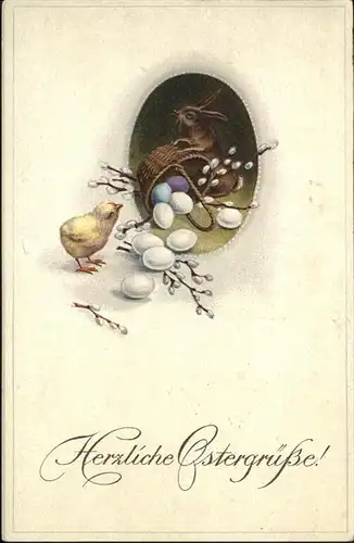 Ostern Easter Paques Kueken Korb Eier Hase / Greetings /