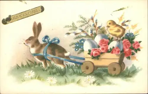 Ostern Easter Paques Kueken Hase Karren / Greetings /