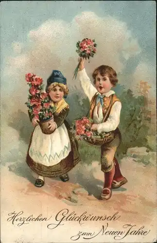 Neujahr Kinder Blumen Tracht Korb / Greetings /