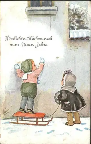 Neujahr Schlitten Kinder / Greetings /