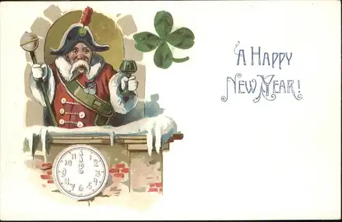 Neujahr Uhr Kleeblatt Wein / Greetings /