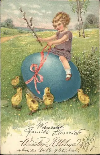 Ostern Easter Paques Kind Maedchen Kueken Ei / Greetings /