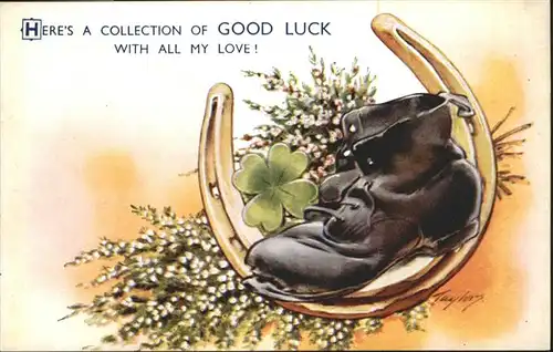 Glueck Good Luck Schuh Hufeisen Kleeblatt / Greetings /