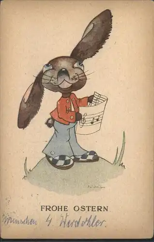 Ostern Easter Paques vermenschlicht Hase Singen / Greetings /