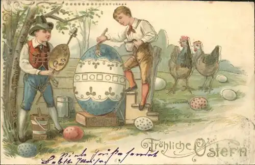Ostern Easter Paques Kinder Jungen Ostereier Malen Gefluegel / Greetings /