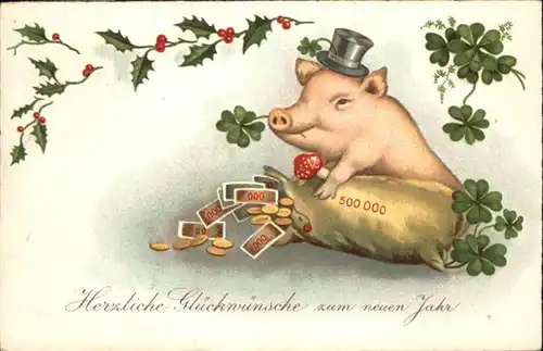 Neujahr Schwein Kleeblaetter Geld / Greetings /