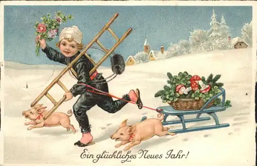 Schornsteinfeger Neujahr Schlitten Schweine
