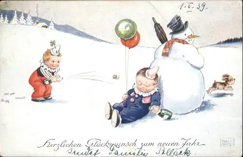 Schneemann vermenschlicht Kinder Neujahr Sekt Luftballon