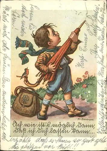 Kuenstlerkarte Fr. Bertram Kind Junge Schirm Reisen