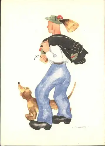 Kuenstlerkarte Hahn Hund Mann