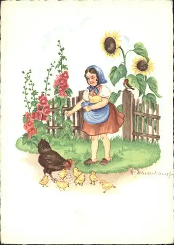 Kuenstlerkarte Herta Wasserkampf Nr. 867 Kueken Fuetterung Sonnenblumen