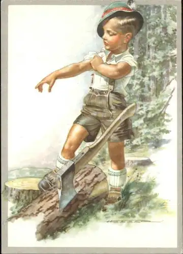 Waldarbeit Kind Junge Tracht Axt