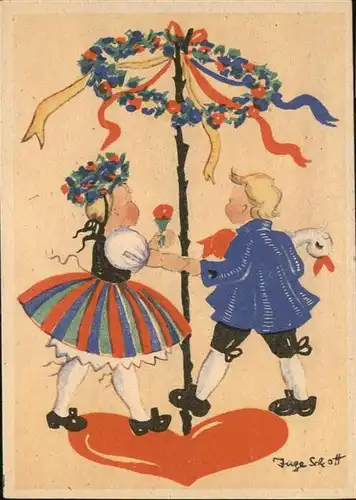 Kuenstlerkarte Inge Schott Tanzen Trachten Kinder