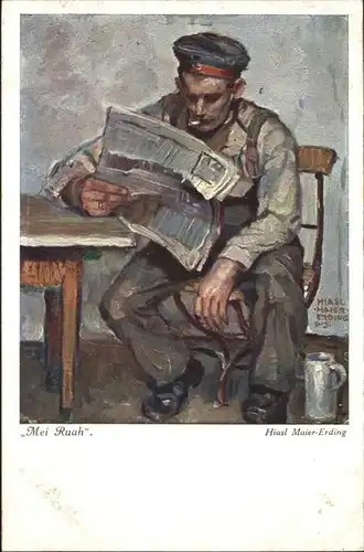 Kuenstlerkarte Hiasl Maier-Erding Zeitung Soldat Bierkrug Mei Ruah