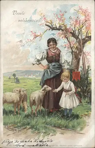 wq98400 Doecker F. Schafe Kind Maedchen Frau Kategorie. Kuenstlerlitho Alte Ansichtskarten