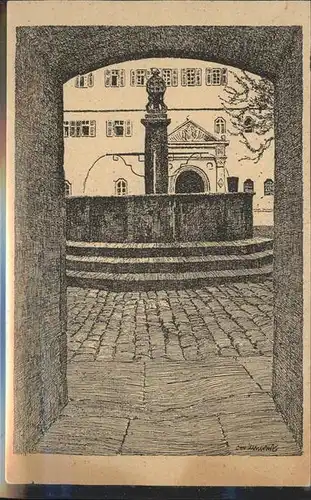 Ubbelohde Otto Brunnen im Schlosshof Federzeichnung Kat. Kuenstlerkarte