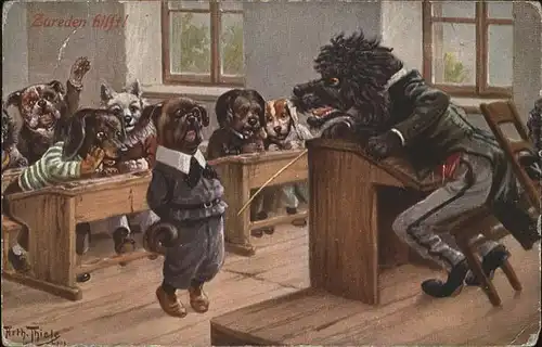 Thiele Arthur Hunde vermenschlicht Schule Kat. Kuenstlerkarte