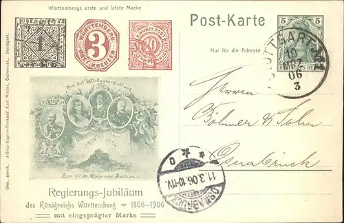 Briefmarke auf Ak Koenigreich Wuerttemberg Regierungs Jubilaeum Kat. Besonderheiten