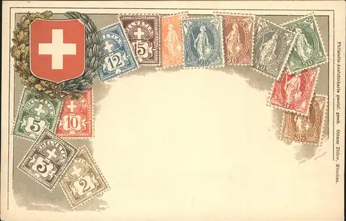 Briefmarke auf Ak Schweiz Wappen  Kat. Besonderheiten
