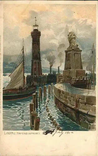 Diemer Zeno Litho Lindau Hafeneinfahrt Nr. 1757 Kat. Kuenstlerkarte