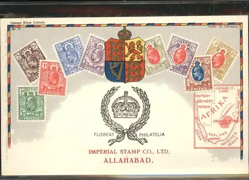 Briefmarke auf Ak Wappen Krone Orange River Colonie Afrika Allahabad Kat. Besonderheiten
