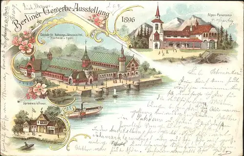 Ausstellung Gewerbe Berlin 1896 Alpen-Panorama Spreewaldhaus Fischerei / Expositions /