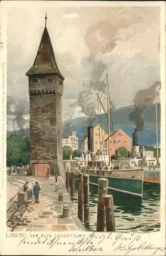 Diemer Zeno Litho Nr. 1870 Lindau Leuchtturm Dampfer Kat. Kuenstlerkarte