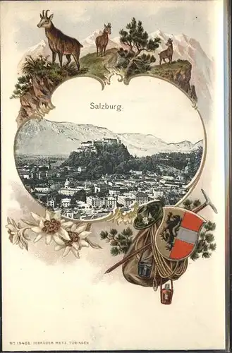 Rucksackkarte Salzburg Wappen Steinbock Edelweiss  / Rahmenkarte /