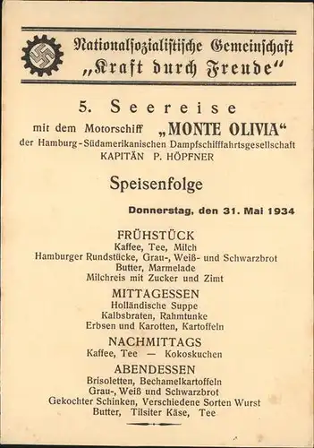 Schiffe Monte Olivia Speisefolge Kat. Schiffe