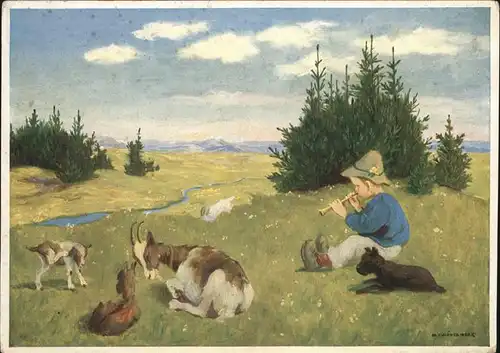 Kuenstlerkarte M Schoenermark Nr 4647 Ziege Junge Floete Hund Kat. Kuenstlerkarten