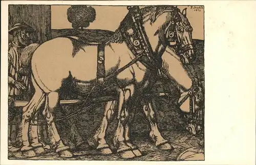 Kuenstlerkarte 5 Fr. Boehle Fuhrmann mit Pferden Kat. Kuenstler