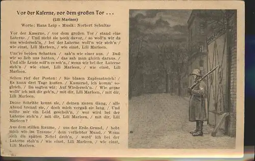 Liederkarte Lili Marleen Vor der Kaserne vor dem grossen Tor Kat. Musik