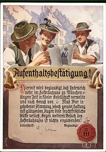 Hofbraeuhaus Muenchen Bier Nr 4005 Aufentaltsbestaetigung Kat. Lebensmittel