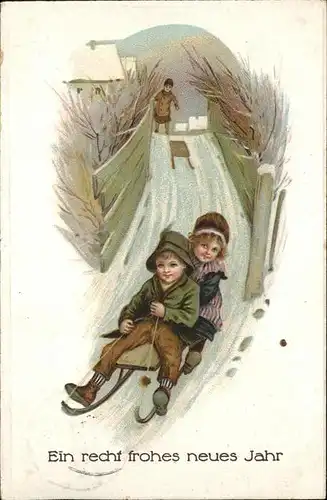 Neujahr Schlitten Kinder Kat. Greetings